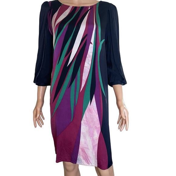 Elie Tahari dress Silk Blend Black Multicolor Sheath 3/4 Split Sleeve SZ LG - Picture 2 of 11